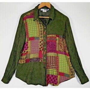 CM‎ Shapes Blouse Womens Large Green Patchwork Rayon Crinkle Boho Artsy